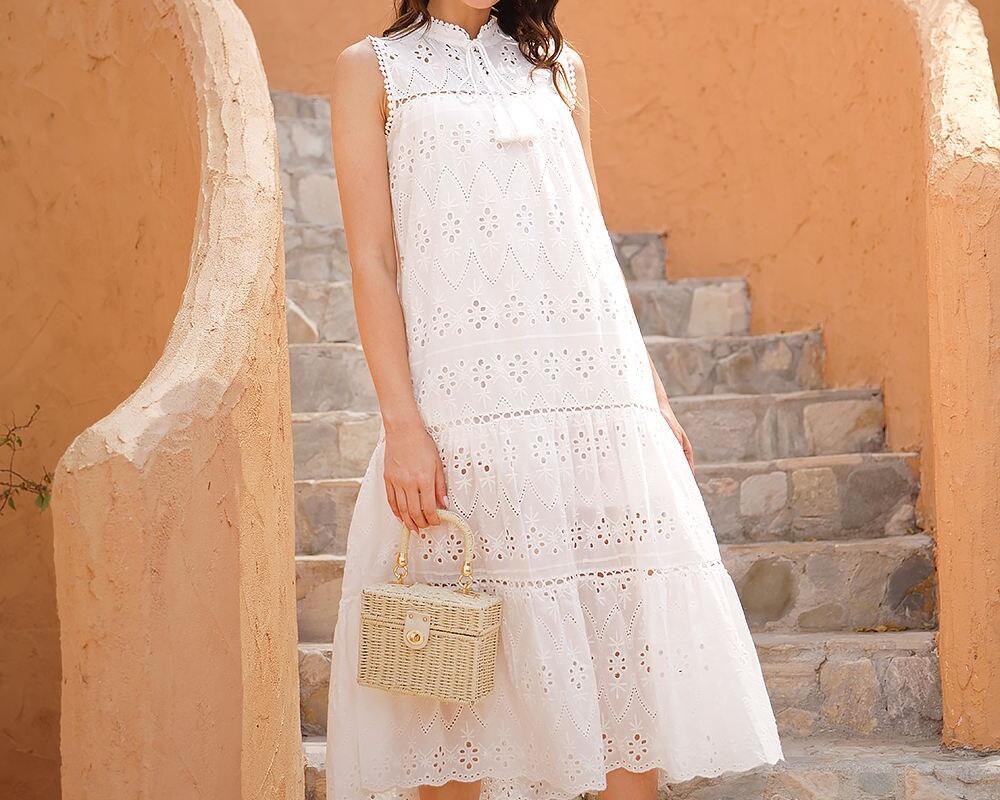 Marwin Long Simple Casual Solid Hollow Out Pure Cotton Holiday Style High Waist Fashion Mid-Calf Summer Dresses NEW Vestidos