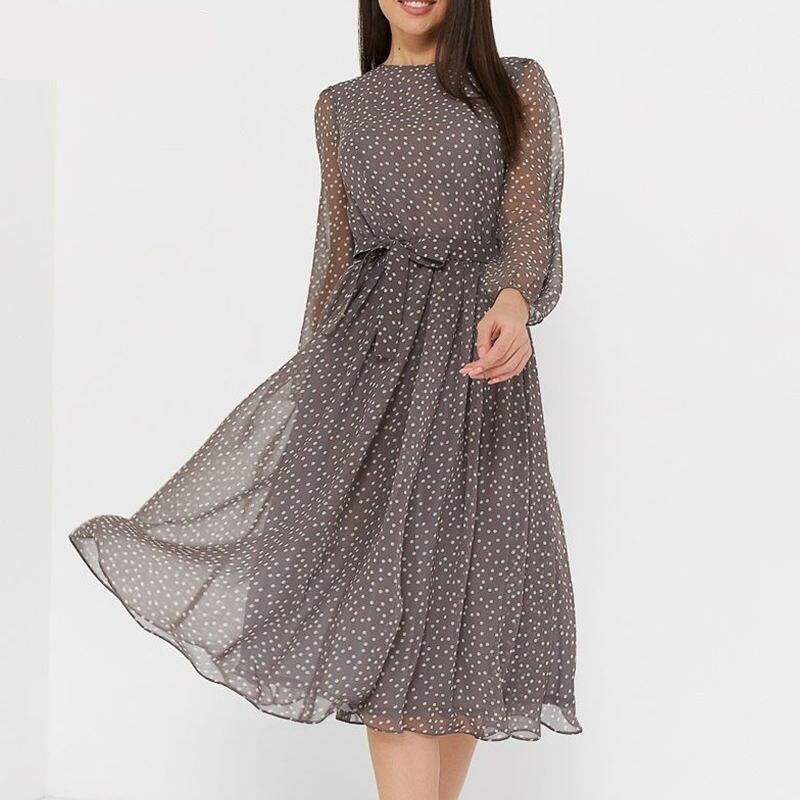 S.FLAVOR Elegant Dot Print Long Sleeve Summer Dress O Neck Chiffon A Line Women Casual  Autumn Dress Vintage Midi Vestidos