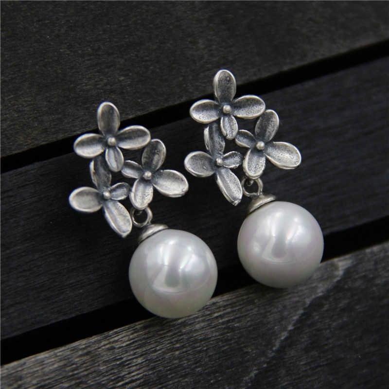 925 Sterling Silver Thai Handmade Flower Shell Pearl Stud Earrings Women Fine Jewelry Vintage Trendy Gift Party Free Shipping