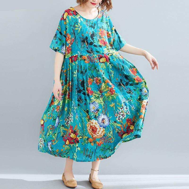 DIMANAF Oversize Dress Women Clothing Summer Sundress Cotton Elegant Lady Maxi Long Dress Print Floral Loose Casual Beach 2021